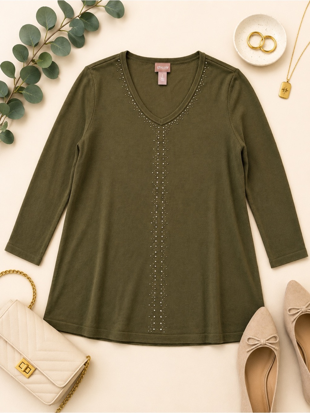 Chico’s Size 1 M Olive Green Rhinestone V Neck Long Sleeve Sweater Top